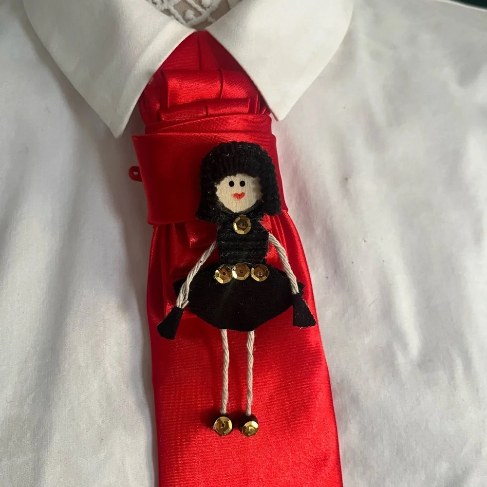 NWT Red women Tie with handmade Doll brooch and pin Accessory